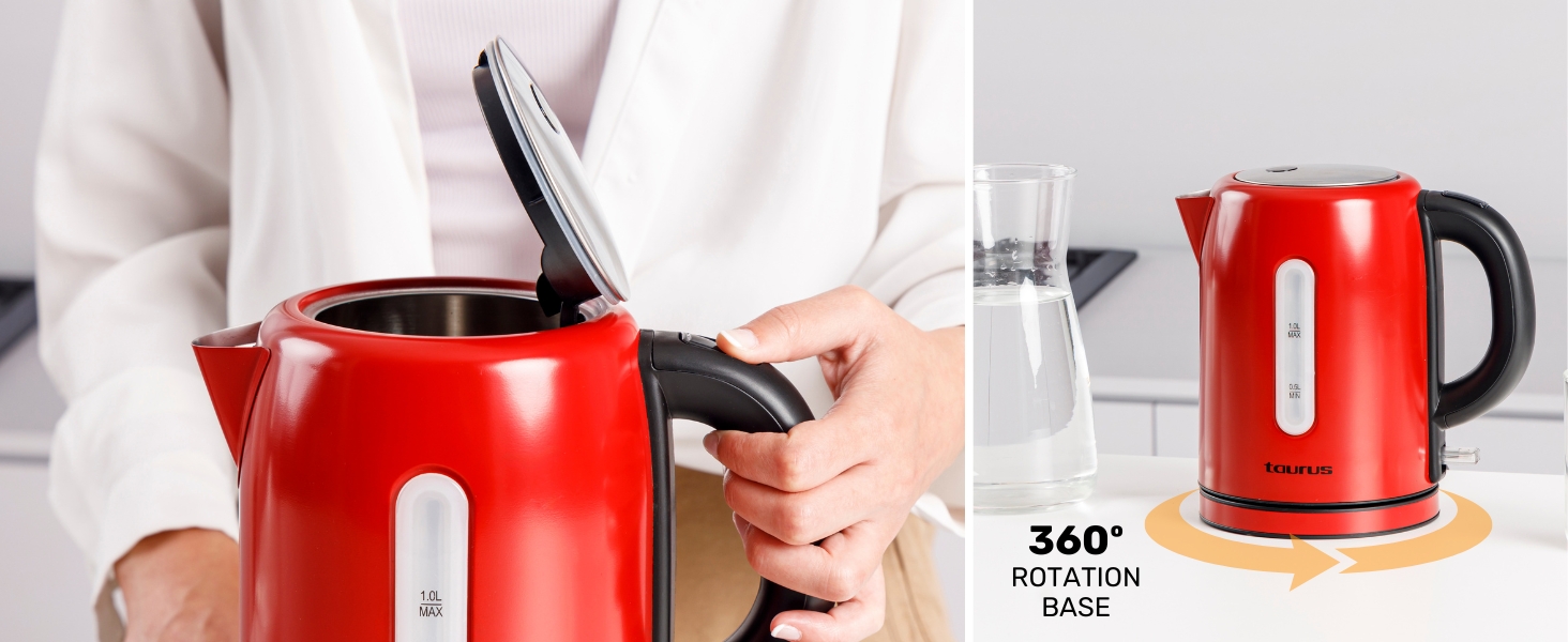 Електричний чайник Taurus Vintage Compact Red 2400W, 1л, 360° обертання, автоматичне відключення, LED-дисплей, без BPA, нержавіюча сталь, індикатор рівня води, ретро-дизайн, червоний