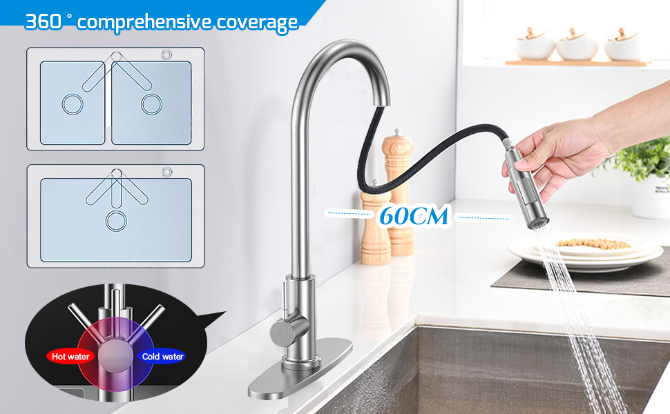 Змішувач кухонний поворотний 360° з висувною лійкою, нержавіюча сталь, гаряча/холодна вода, 2 режими струменя, G3/8'', кухонний