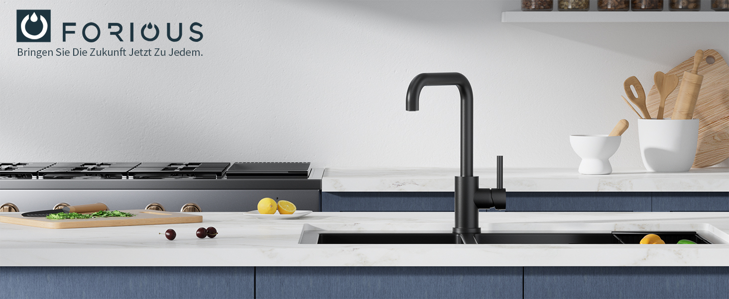 Змішувач кухонний FORIOUS, поворотний 360°, L-подібний, для 1 отвору, матовий чорний