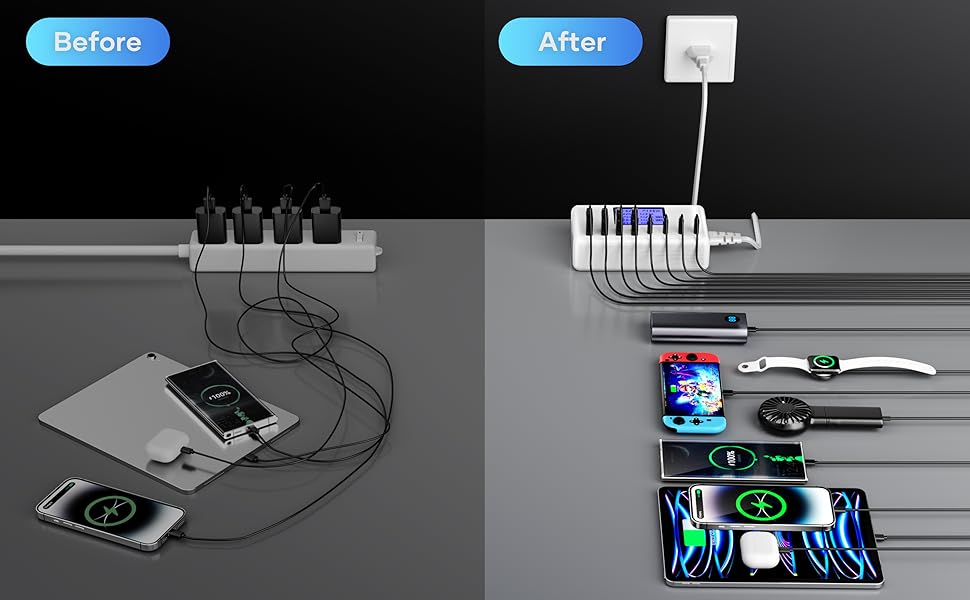 Зарядний пристрій USB-C 152W з LCD дисплеєм, 4x USB-A, 4x USB-C, швидка зарядка для iPhone 16, iPad, Samsung та інших пристроїв - Чорний