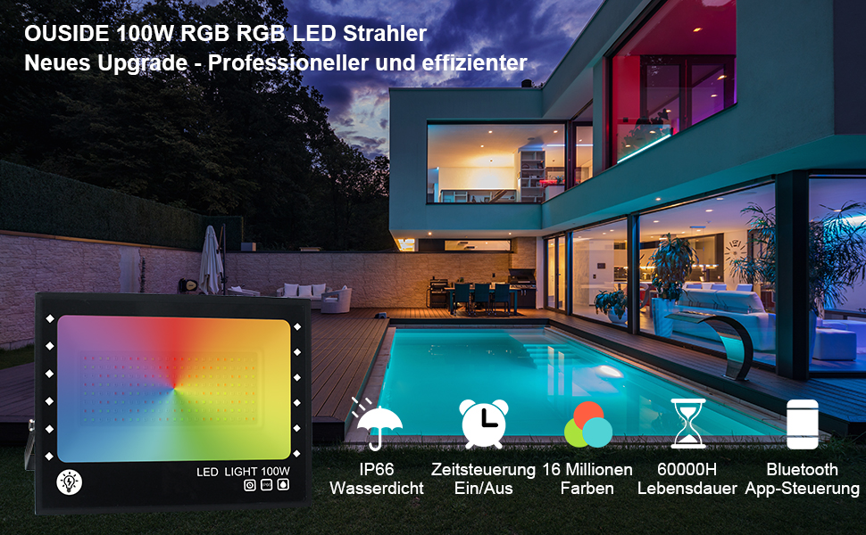 RGB LED прожектор 2 шт 100Вт, Bluetooth, IP66, для вулиці, балконів, саду, атмосферне підсвічування