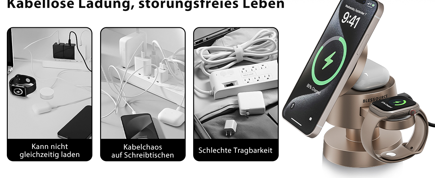 База для бездротової зарядки 4-в-1 для iPhone 17/16/15/14 Pro Max з нічним світлом, сумісна з Apple Watch та AirPods (Золота)