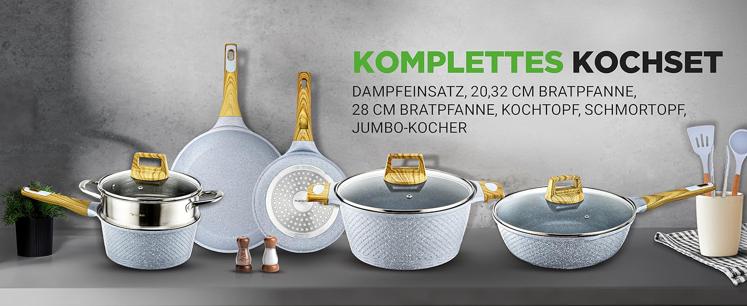 Набір посуду NutriChef 22 предмети антипригарний мармуровий блакитний – сковороди, каструлі, аксесуари для кухні, індукція, посудомийна машина