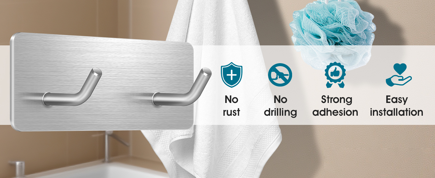 Самоклеючі гачки Haken - набір 6 шт. з нержавіючої сталі 304, без свердління, для ванної, кухні та вітальні