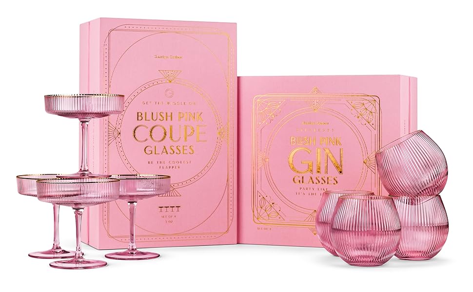 GLASSIQUE CADEAU Набір склянок для джину та тоніку Art Deco, рожеві з золотим кантом, 4 шт, 400 мл | Склянка для коктейлів з кришталю | Подарунковий набір для любителів джину