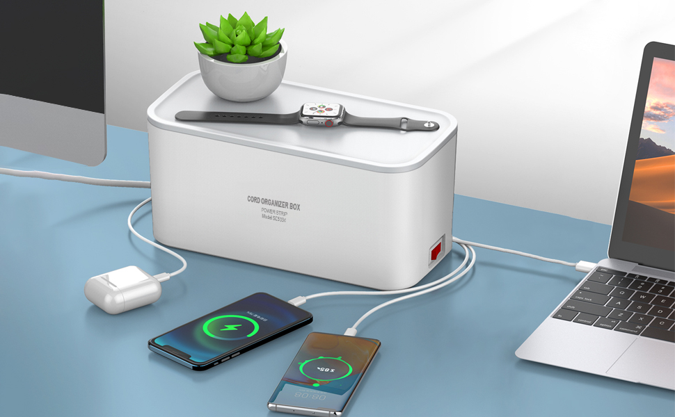 Клема з кабельною коробкою білого кольору, мережевий фільтр із 5 розетками та 3 USB-портами, органайзер для столу, коробка для кабелів з адаптером розеток, 29.5 * 14 * 14 см, кабель 2 м білий