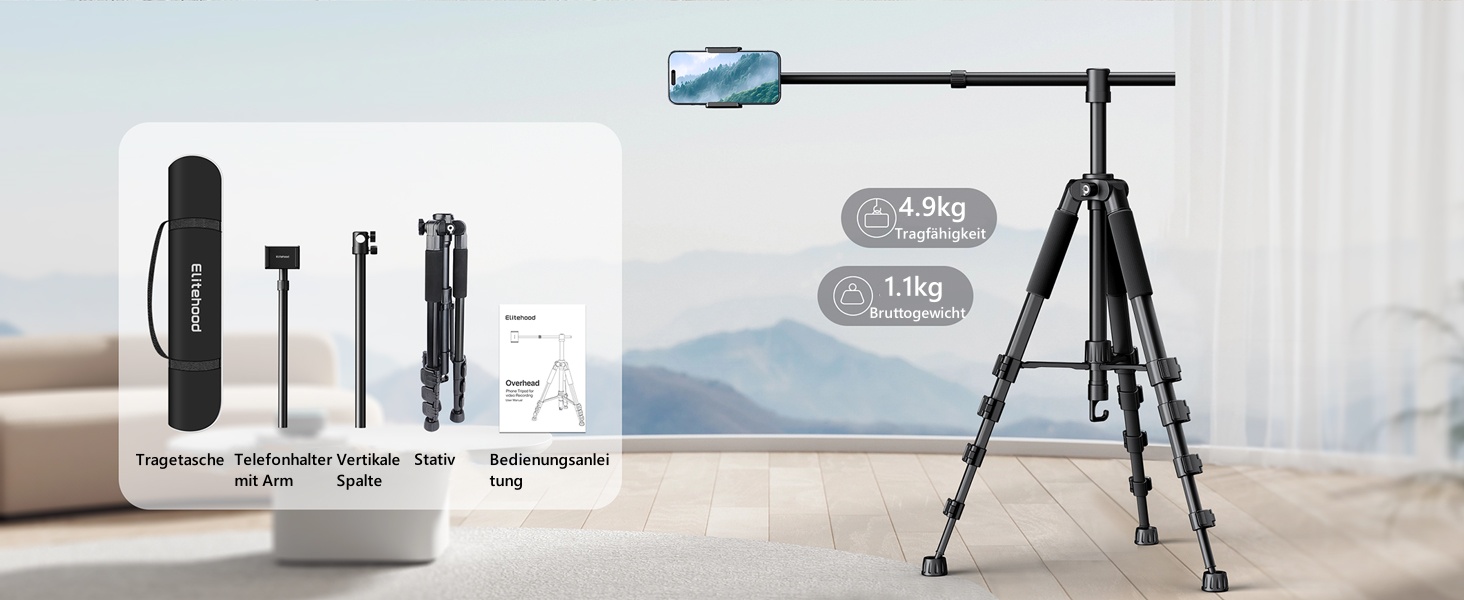 Штатив настільний Elitehood з виносним плечем 114 см, гнучкий, для iPhone, Android, відеозйомки, 180 см, 63 см