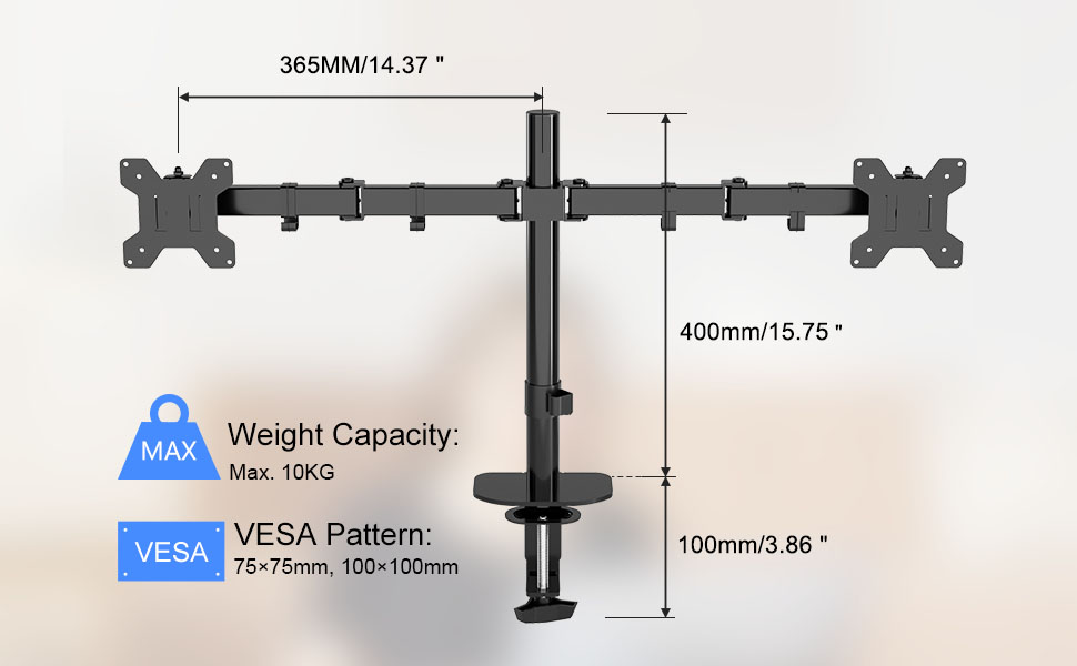 Підставка для монітора Pholiten: 2 монітори, 13-27 дюймів, до 10 кг, VESA 100x100mm, чорний