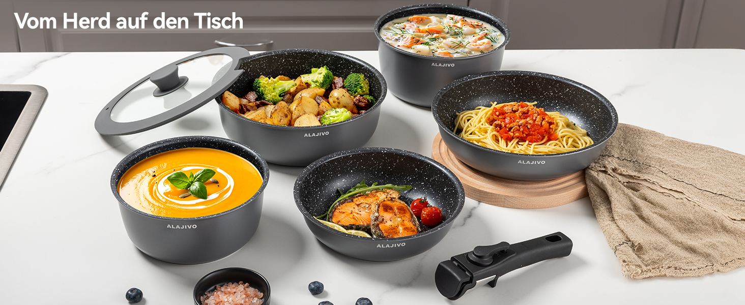 Набір каструль та сковорідок 17 частин з знімним ручками, антипригарне покриття, для всіх типів плит, включаючи індукційні, та духовка, сірий колір