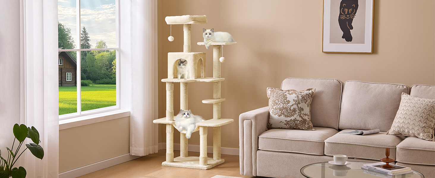 Кігтеточка для котів MSmask велика, багатоповерхова, з платформами, гамаком та сизалевими стовпчиками (бежева)