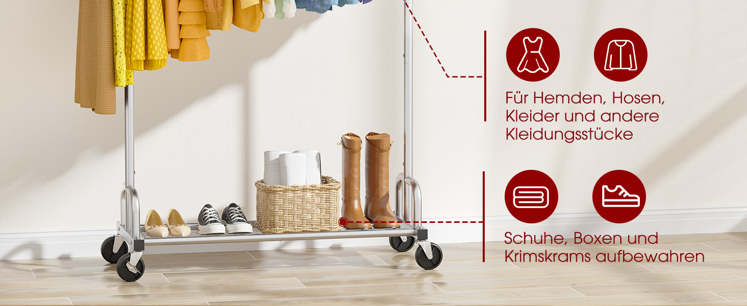 Вешалка для одягу на колесах, з полицею та широкою перекладиною, 116 x 43 x 150 см, сріблястого кольору