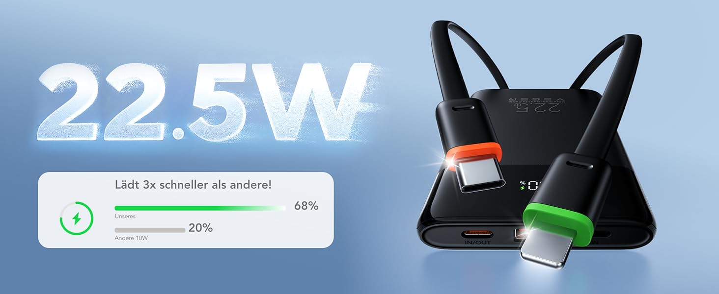 Повербанк VEGER 10000mAh 22.5W з вбудованим кабелем USB-C, швидка зарядка, чорний