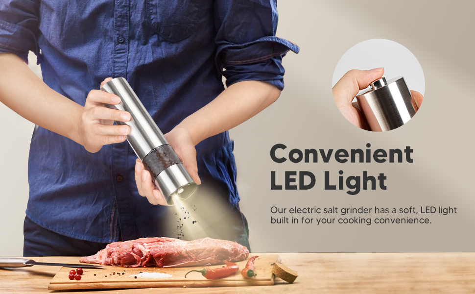 Електричні соляні та перечні мельниці 2 шт. з нержавіючої сталі, регулювання помелу, світлодіодне підсвічування (сріблясті)