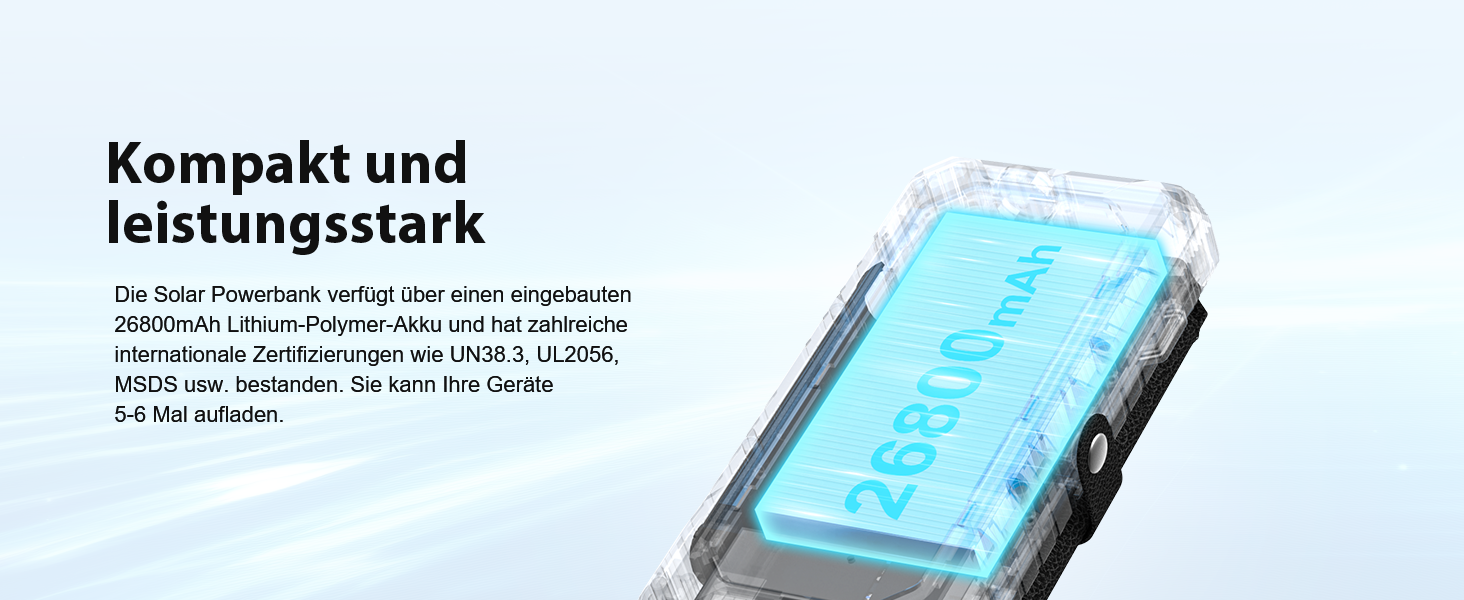 Сонячний Power Bank WASTDE 26800mAh з сонячною панеллю, чорний: зарядний пристрій для телефону, планшета, з ліхтариком (SOS), водонепроникний, для кемпінгу та подорожей