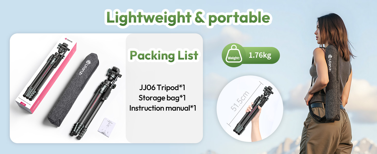 Штатив для камери ULANZI JJ05 GlideGo 184 см з карбону, складний, з поворотним центральним стовпом, легкий туристичний штатив з кульковою головкою 360° та швидкознімною платформою для DSLR, максимальне навантаження 18 кг (JJ06 Відеоштатив)