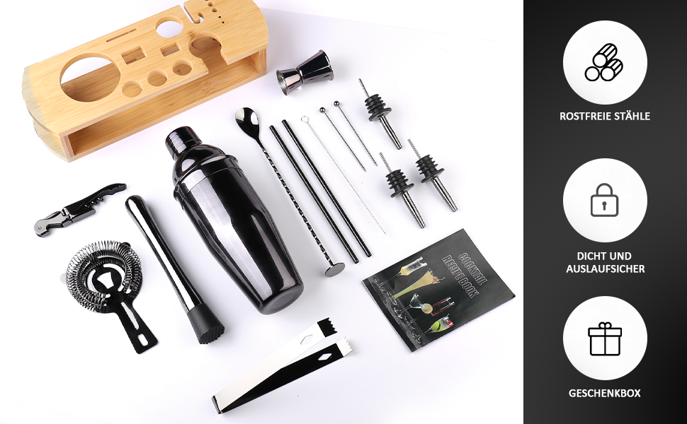 Stainless Steel Cocktail Mix Set - 14 Piece Bartender Kit with Bamboo Stand - 750ml Cocktail Shaker Set - Perfect Gift