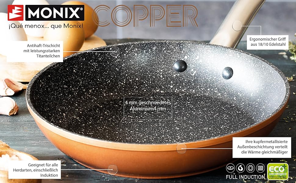Набір сковорідок MONIX Copper, кований алюміній, антипригарне покриття з титановими частинками, для всіх типів плит, індукція, 20-24-28 см