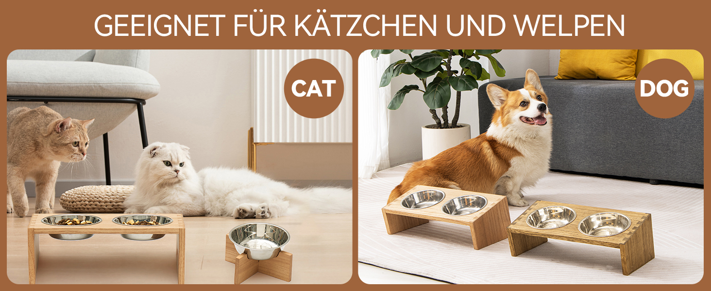 Підвищені годівниці для котів та собак KIRIGEN - дерев'яна станція для годування з 3 знімними мисками з нержавіючої сталі, годівниця для котів та дрібних тварин, натуральний колір