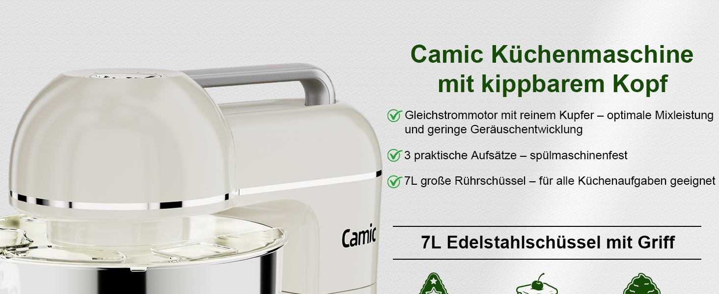 Кухонний комбайн-міксер Camic 2000W, чаша з нержавіючої сталі 7л, 10 швидкостей, набір насадок та захист від бризок, білий