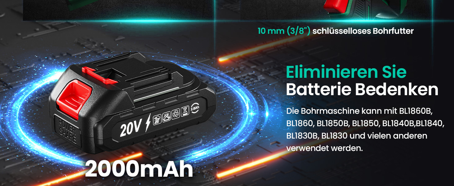 Акумуляторний шуруповерт 20V з акумулятором 2000mAh, 42Nm, 25+1 ступенів, 10мм патрон, LED-підсвітка, сумісний з Makita, для ремонту та DIY Green