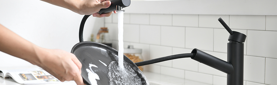 Кухонний змішувач AIMADI висувний чорний з 3-х режимним душем, 38 см шланг, однорідний змішувач для холодної та гарячої води, підходить для раковини та кухонного острова, водоспад, чорний колір