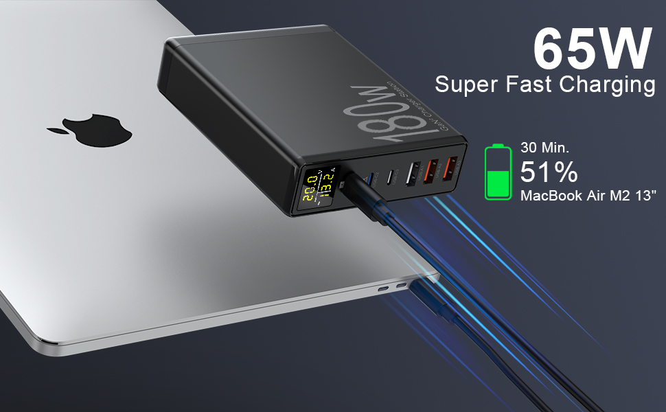 Зарядний пристрій USB 6 портів з LCD екраном, GaN швидка зарядка USB-C, сумісний з MacBook, iPad, iPhone 16/15/14/Pro/Max, Samsung Galaxy S23 (Чорний)