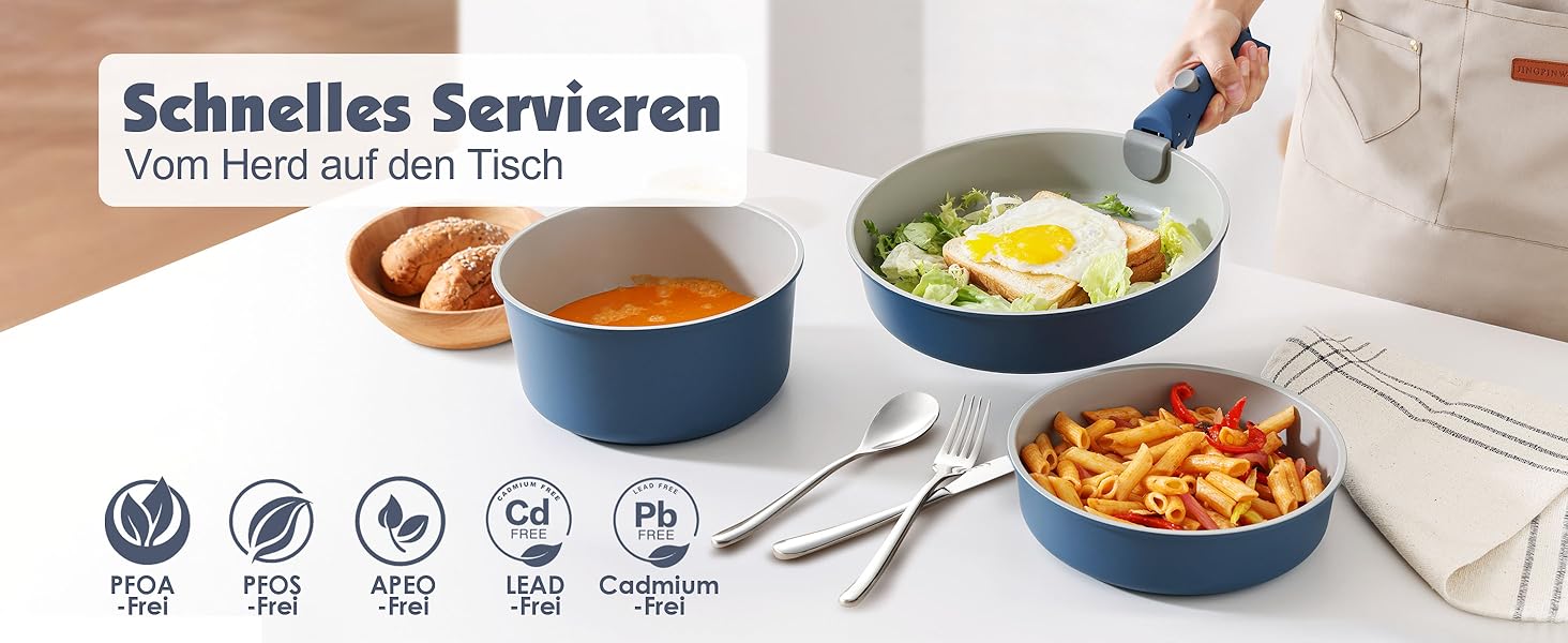 Набір посуду SENSARTE з керамічним покриттям, 17 предметів, антипригарний, знімні ручки, для всіх типів плит, безпечний, сумісний з посудомийною машиною та духовкою (Морський)