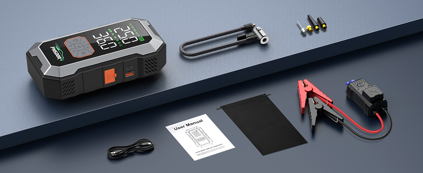 Пусковий пристрій (бустер) для авто 8000A з компресором 150 PSI та Powerbank 25000mAh, Jump Starter для бензинових та дизельних двигунів до 10.0L, з LED-ліхтарем, сріблястий