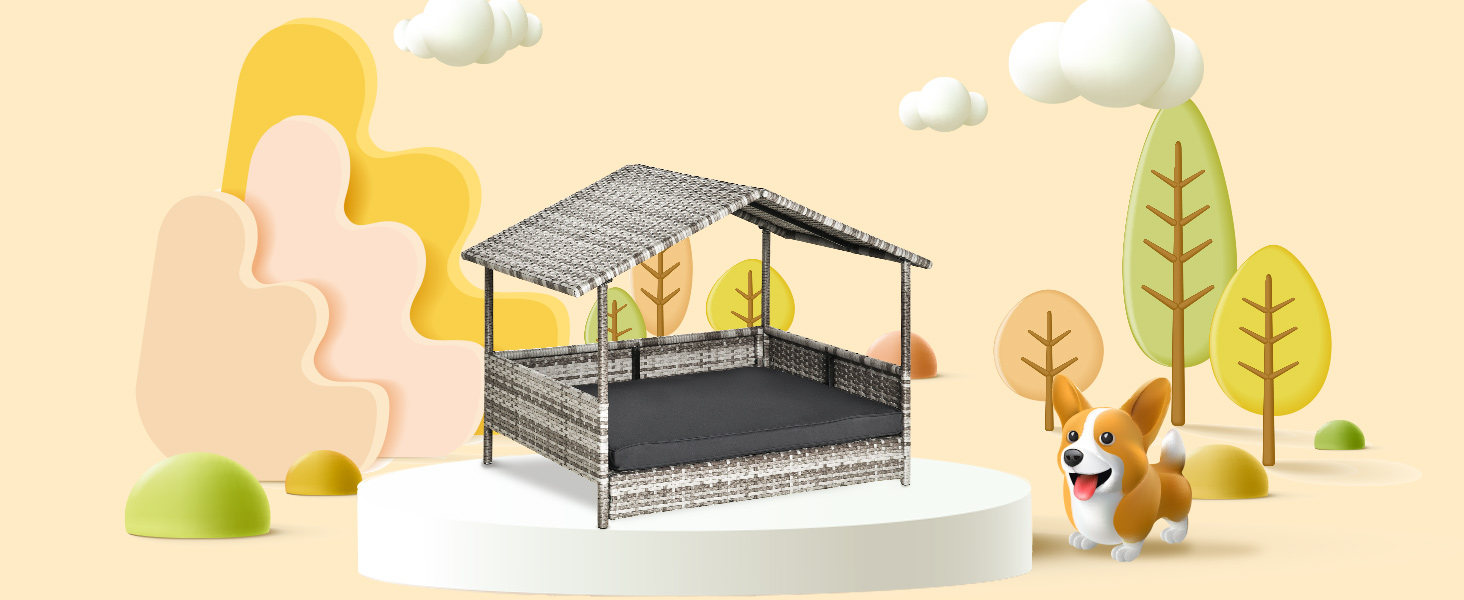 Лежанка для собак PawHut з дахом, ротанг, для вулиці, 69 x 98 x 70 см (Сірий)