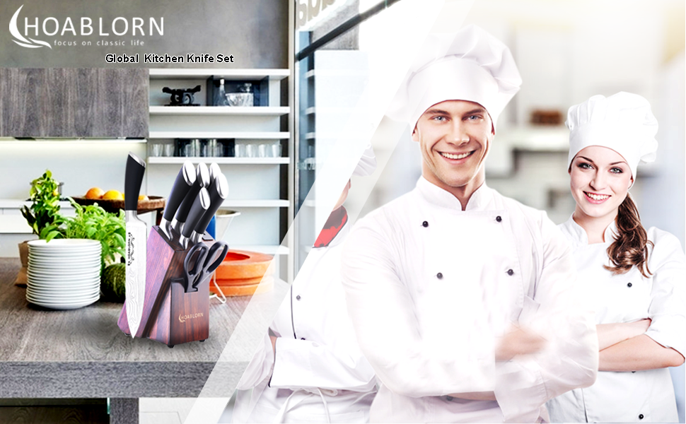 Набір кухонних ножів HOABLORN з дерев'яним блоком: професійний набір ножів для дому, кухні, приготування їжі, подарунок на весілля або новосілля