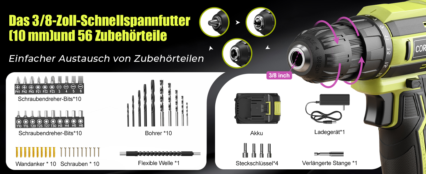 Акумуляторний шуруповерт-дрель 20V, 56 шт. в наборі, 42Nm, LED-підсвітка, для дому та ремонту