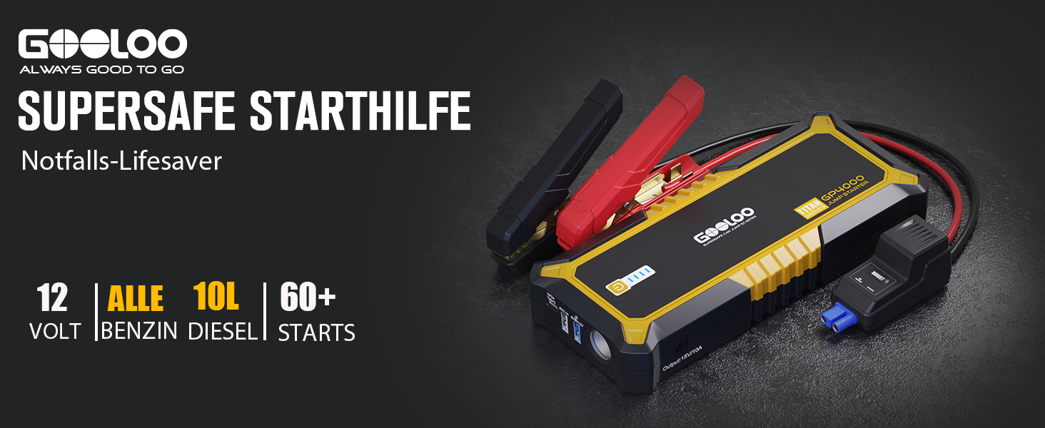 Powerbank Starthilfe GOOLOO GP2000 для автомобіля: 4000A, USB-швидка зарядка, LED, для бензину та дизеля (12V)