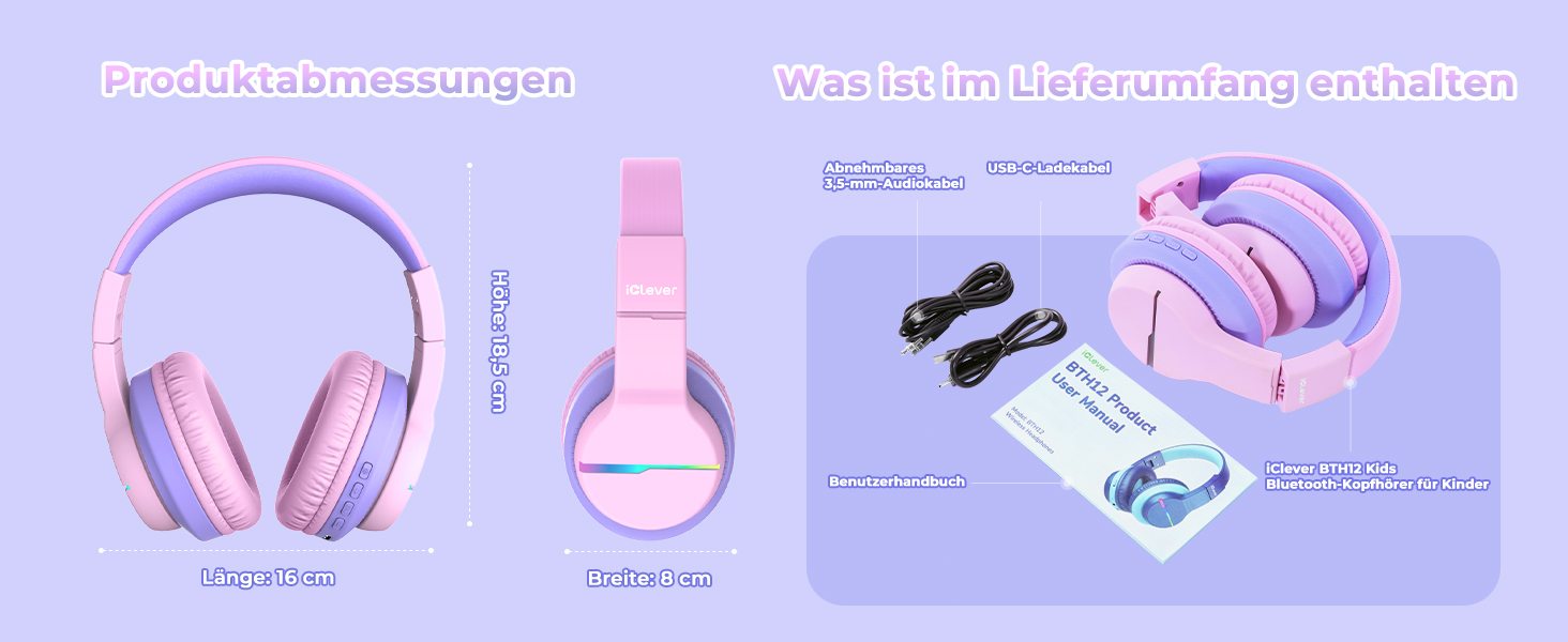 iClever Бездротові навушники для дітей з LED-підсвіткою, Over-Ear, Bluetooth 5.2, мікрофон, рожеві