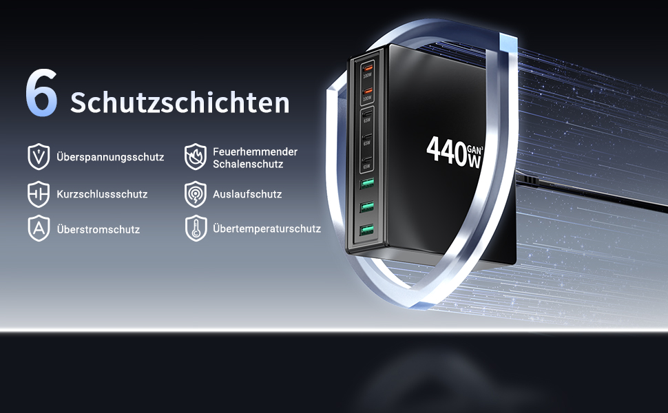 Зарядний пристрій USB-C 440W 8 портів: Швидка зарядка для MacBook, iPad, iPhone 17/16/15, Samsung та інших – чорний