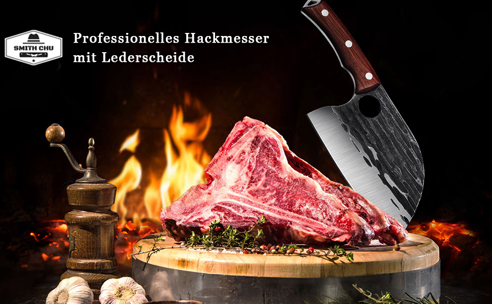 Сербський м'ясницький ніж SMITH CHU Hackmesser: ручної роботи, для м'яса, овочів, риби, BBQ, кемпінгу. Full Tang, з шкіряною піхвою.