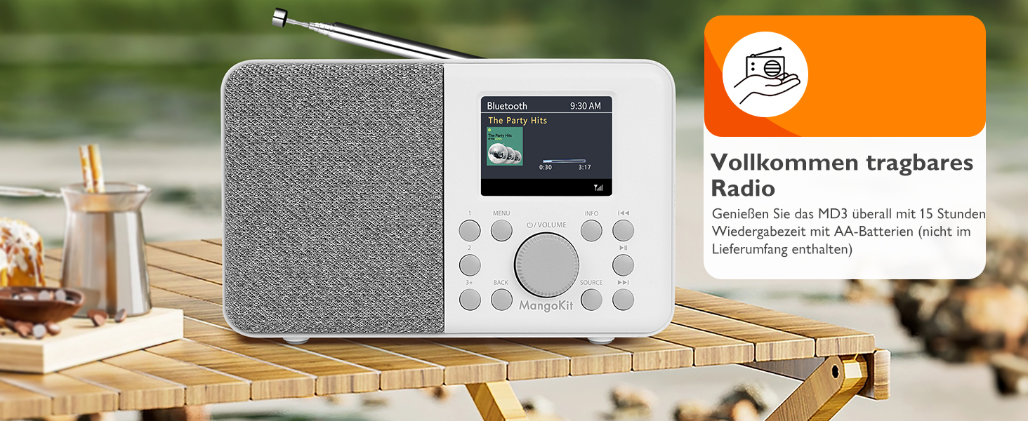 Портативне цифрове радіо MD3 DAB/DAB+/FM з Bluetooth, динаміком та навушниками, 40 станцій, будильник, годинник, таймер, кольоровий дисплей, батарея/мережа (сірий камінь)