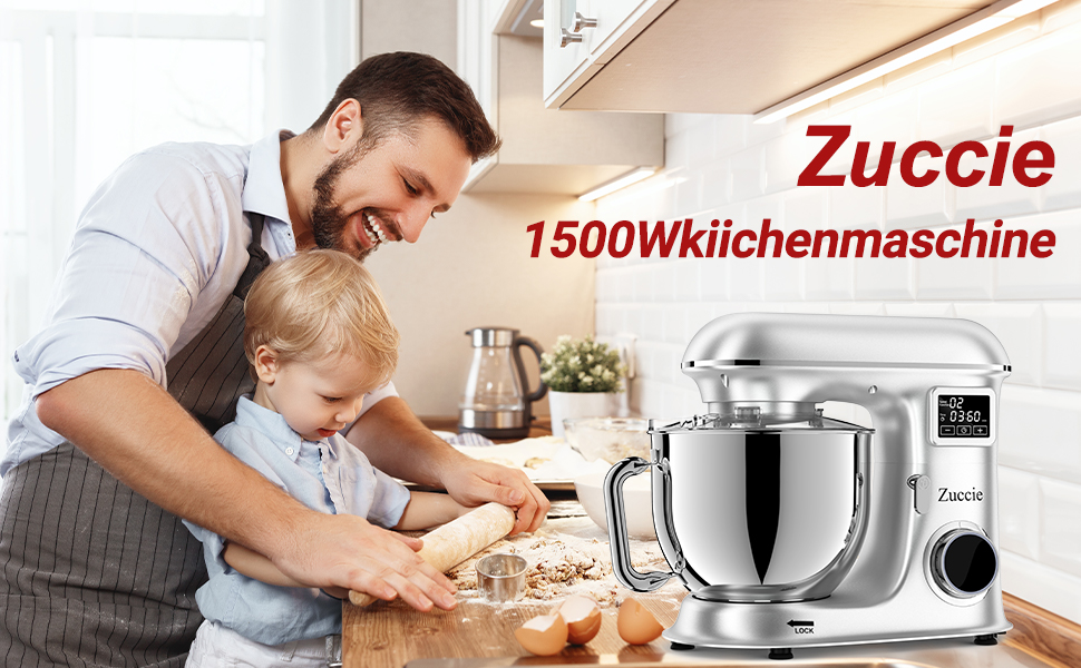 Кухонна машина Zuccie 1500W 8L з 6 швидкостями, функцією ферментації та LCD-дисплеєм (срібна)
