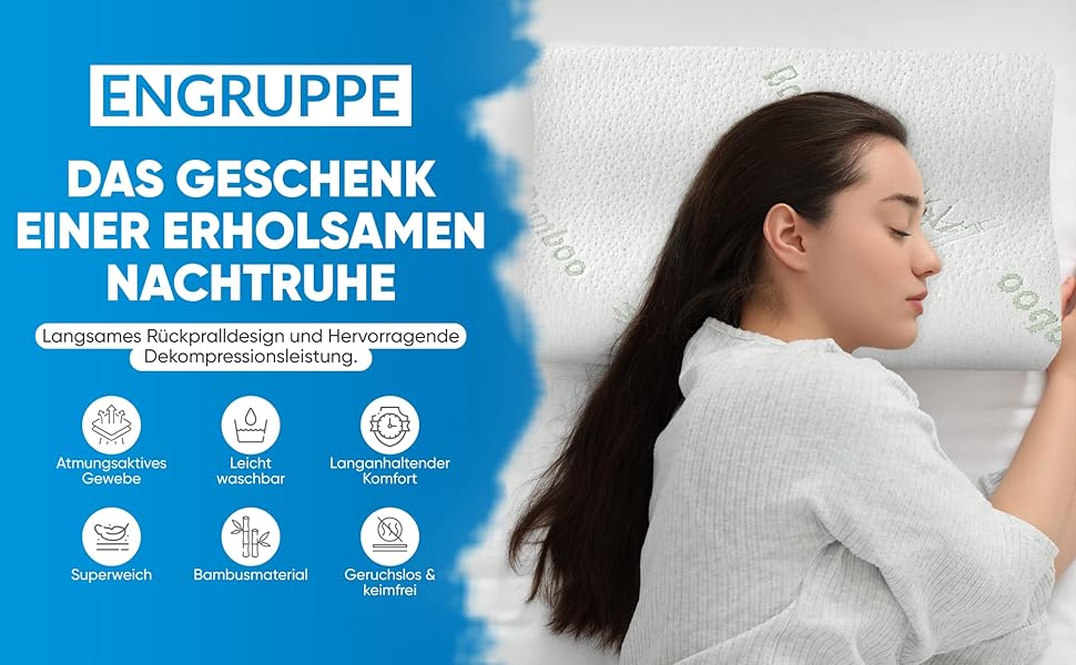 Ортопедична подушка з ефектом пам'яті (Memory Foam) з бамбуковим чохлом, ергономічна підтримка шиї для будь-якої пози сну, біла, 60x40x12/10 см
