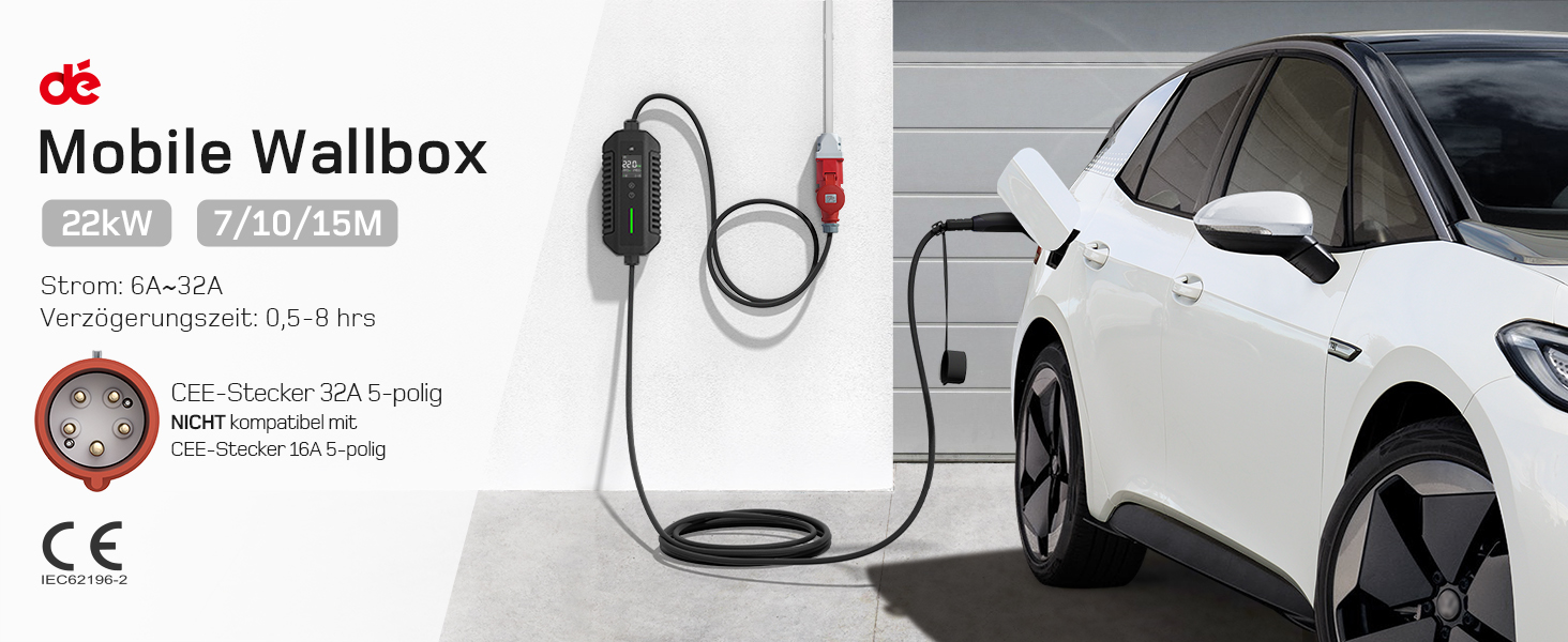 Мобільна зарядна станція/Wallbox Dé 11 кВт (3-фазна) з регульованою потужністю, кабель CEE 16A на Typ 2, сумісна з Model Y/3, ID.3/4/5, MG4, EX30, e-up, e-tron, Zoe та інші електромобілі