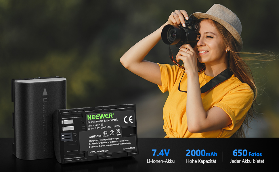 Запасний акумулятор Neewer LP-E6/LP-E6N для Canon (2 шт., 2000mAh) з зарядним пристроєм, сумісний з EOS 7D Mark II, 5D Mark IV та ін.