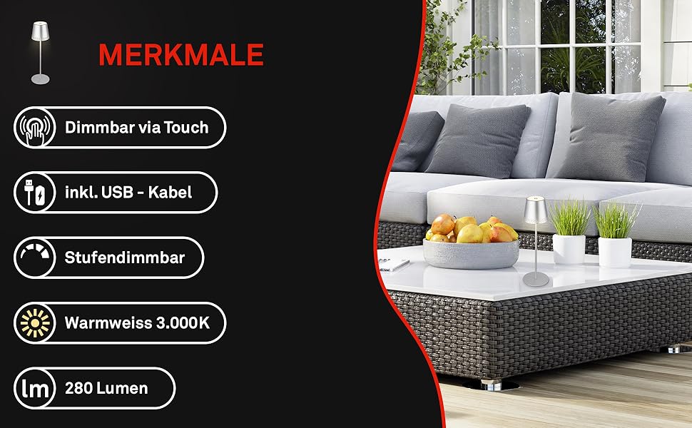 Світлодіодна настільна лампа Briloner бездротова з сенсорним керуванням, димуванням, регулюванням висоти, нічна лампа, лампа для читання, кемпінгова, 38x12 см, хромована матова