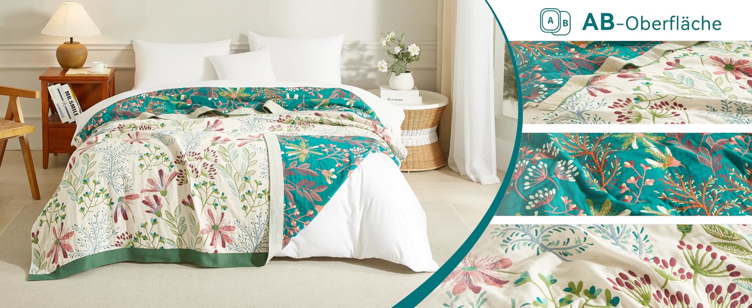 Богемна ковдра Boho 150x200 см, 100% бавовна, двостороння муслінова ковдра, плед для дивану та ліжка, Patchwork, зелено-бежева