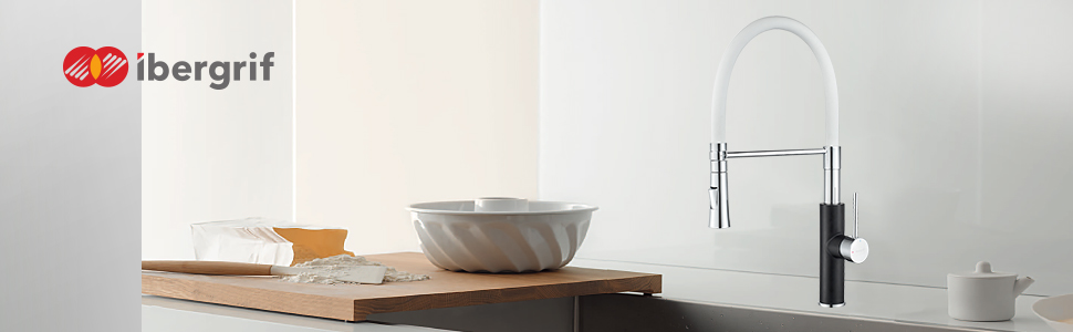 Кухонний змішувач Ibergrif з душем, гнучкий вилив, чорний/білий