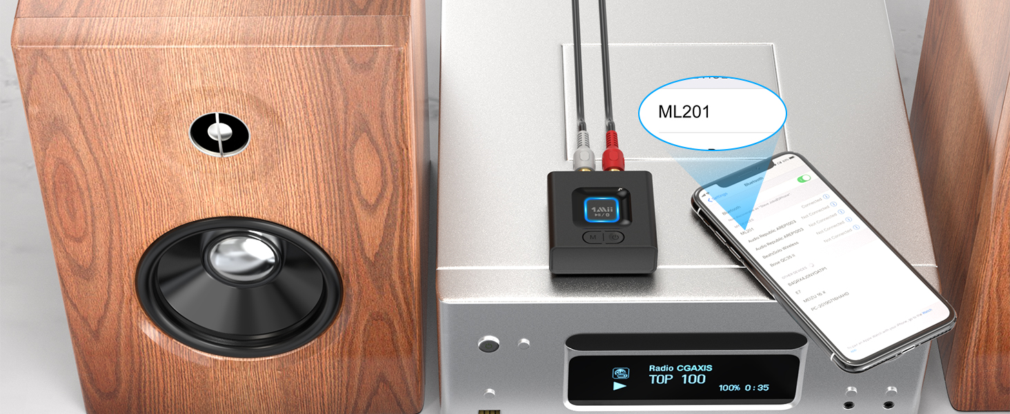 1Mii ML201 Bluetooth адаптер для стереосистеми: бездротовий аудіо приймач з AUX/Cinch, для ПК, смартфонів та планшетів, 12 годин роботи, режим басів Medium