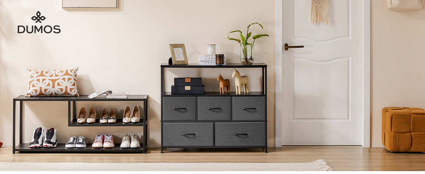 DUMOS Chest of Drawers with Drawers - Chests of Drawers & Sideboards for Bedrooms. Suitable, Chest of Drawers with 9 Drawers, Fabric Chest of Drawers with Sturdy Steel Frame, Ideal for Bedrooms, Living Rooms (Black) (5 TV Drawers Gray)