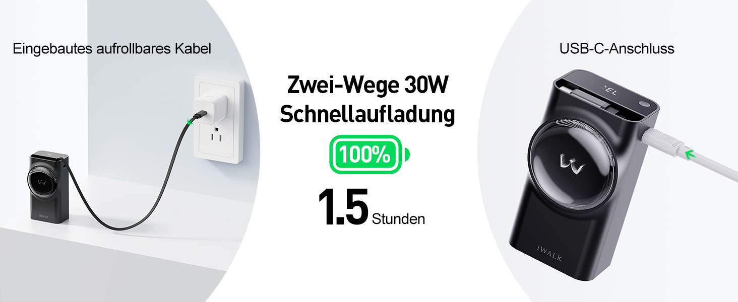 Power Bank iWALK 10000mAh з вбудованим кабелем USB-C 70см, 3 виходи, 30W PD, для iPhone, Samsung, Android, iPad (Чорний)