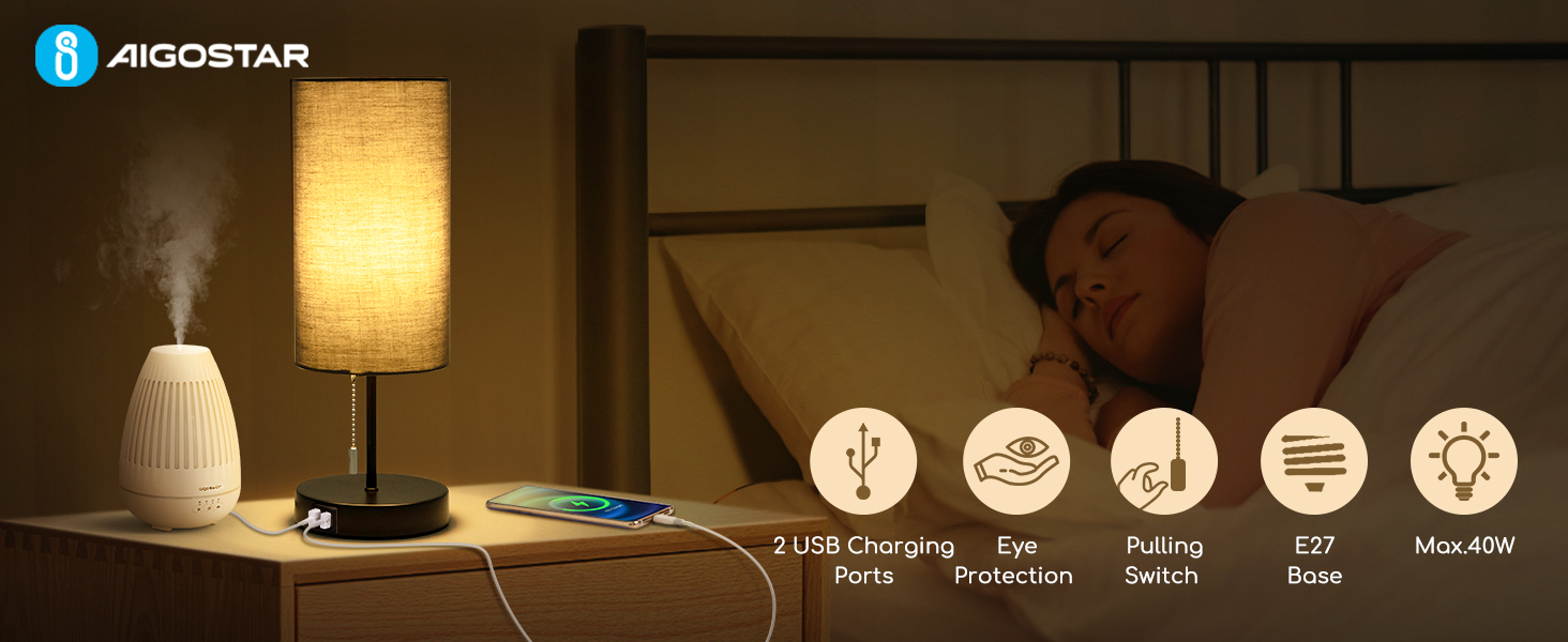 Торшер Aigostar з 2 USB-портами для зарядки, вимикач на шнурі, металева основа, сучасний дизайн, сірий колір. Підходить для спальні, вітальні, робочого столу, дитячої кімнати