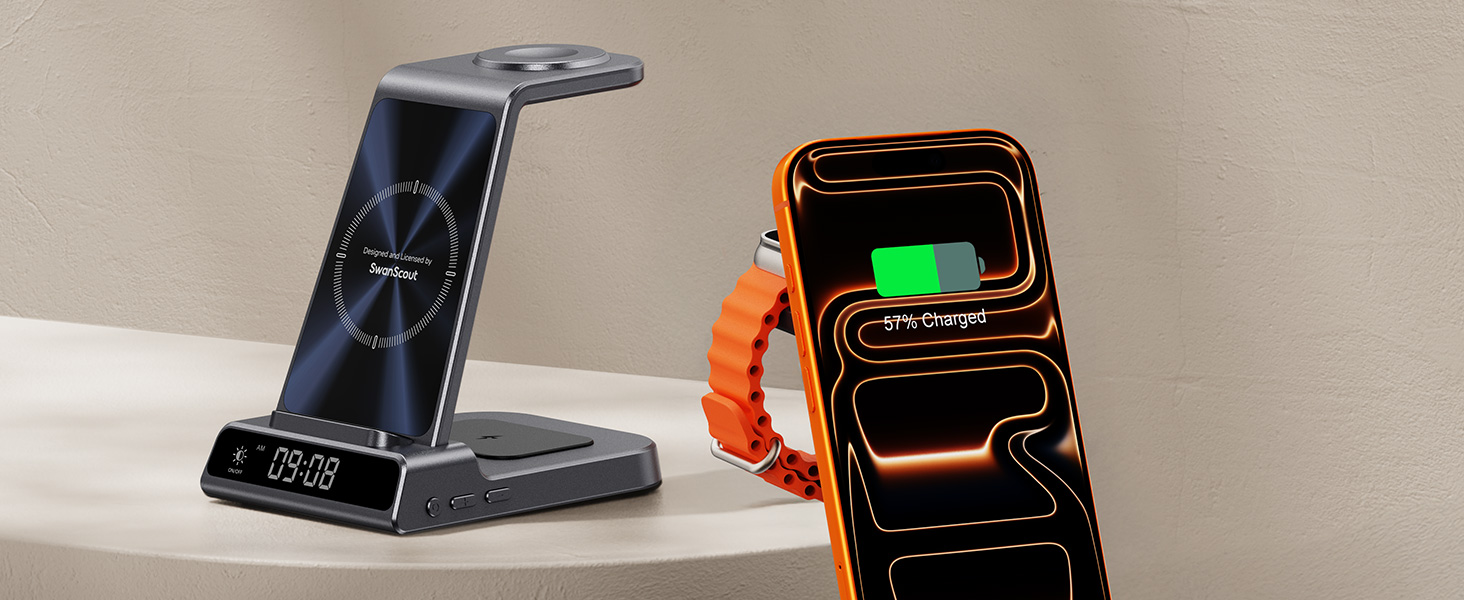 Бездротова зарядна станція 3-в-1 для Apple iPhone 16/15/14/13/12 Pro/Plus, Apple Watch Ultra 2/9/8/7/6/5, AirPods Pro/4/3/2 Tech-Grau