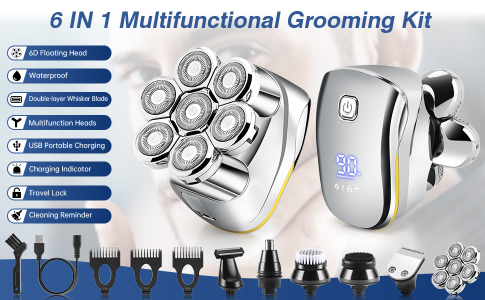 Електричний гоління для чоловіків Glatzen: 7D плаваюча головка для гоління, ротаційний гоління 6 в 1, багатофункціональний гоління для голої голови, вологостійкий, триммер для бороди, носа та вусів, набір для догляду, золотий