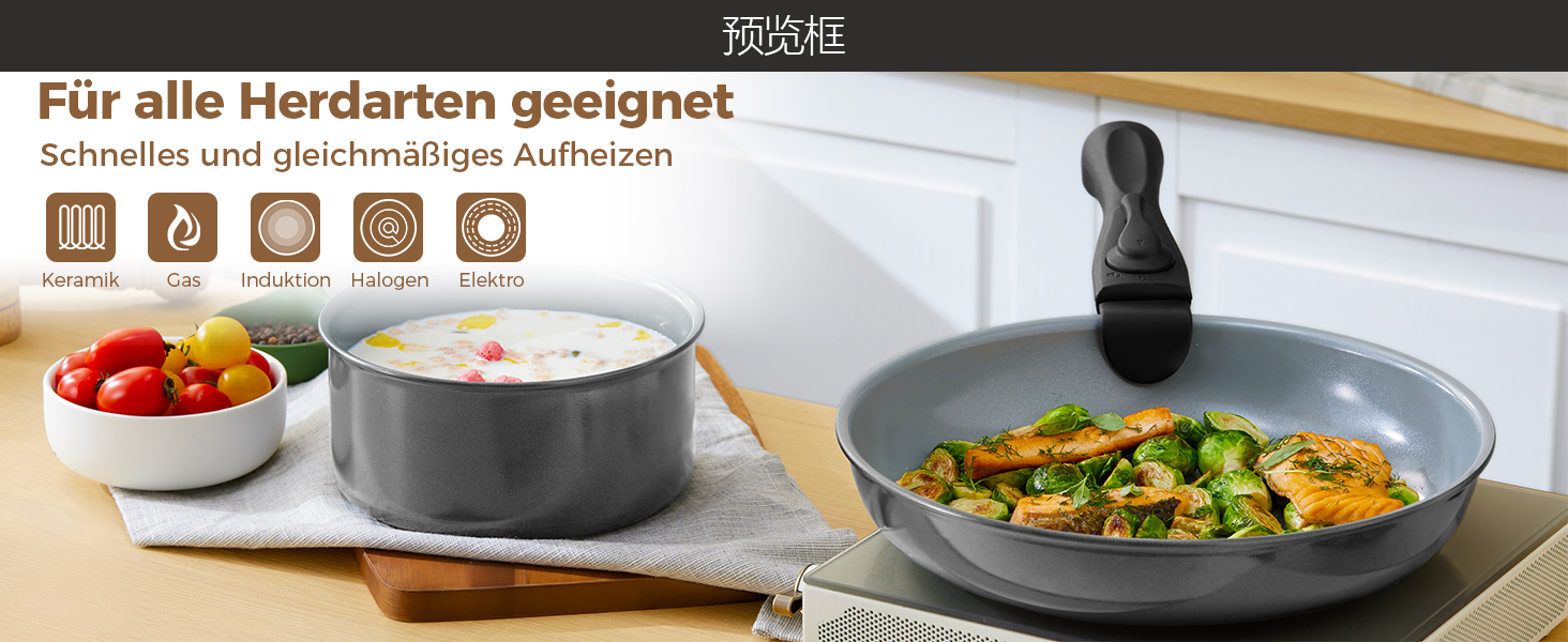 Набір каструль BEZIA 17 предметів з знімним ручкою, антипригарне покриття з кераміки, набір каструль для індукційних плит, підходить для всіх типів плит, стійкий до нагріву, посуд для кемпінгу, посуд для духовки (темно-сірий)